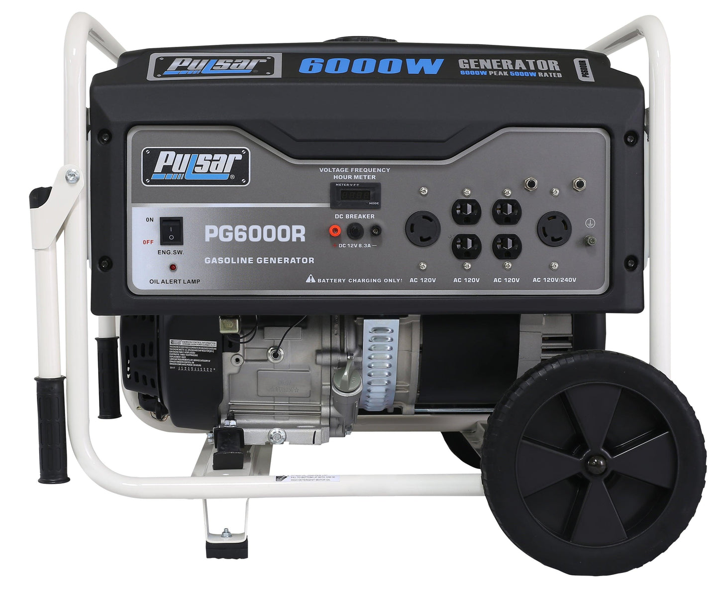 6000W portable gasoline generator with control panel and large wheels for backup power