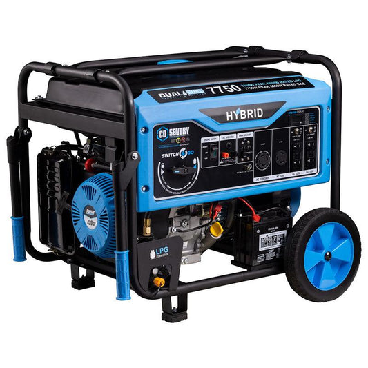 Dual fuel portable generator in black and blue, featuring an electric start, multiple outlets, and a durable steel frame.