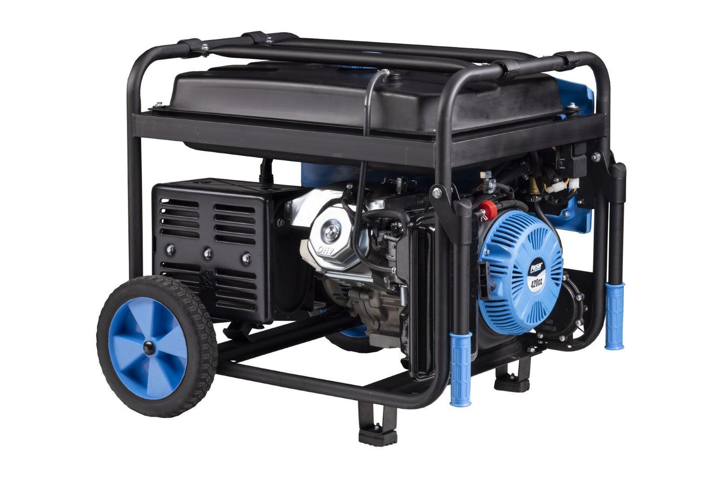 Pulsar PG7750B Dual Fuel Portable Generator with a black and blue design, featuring a durable steel frame, wheels, and electric start.