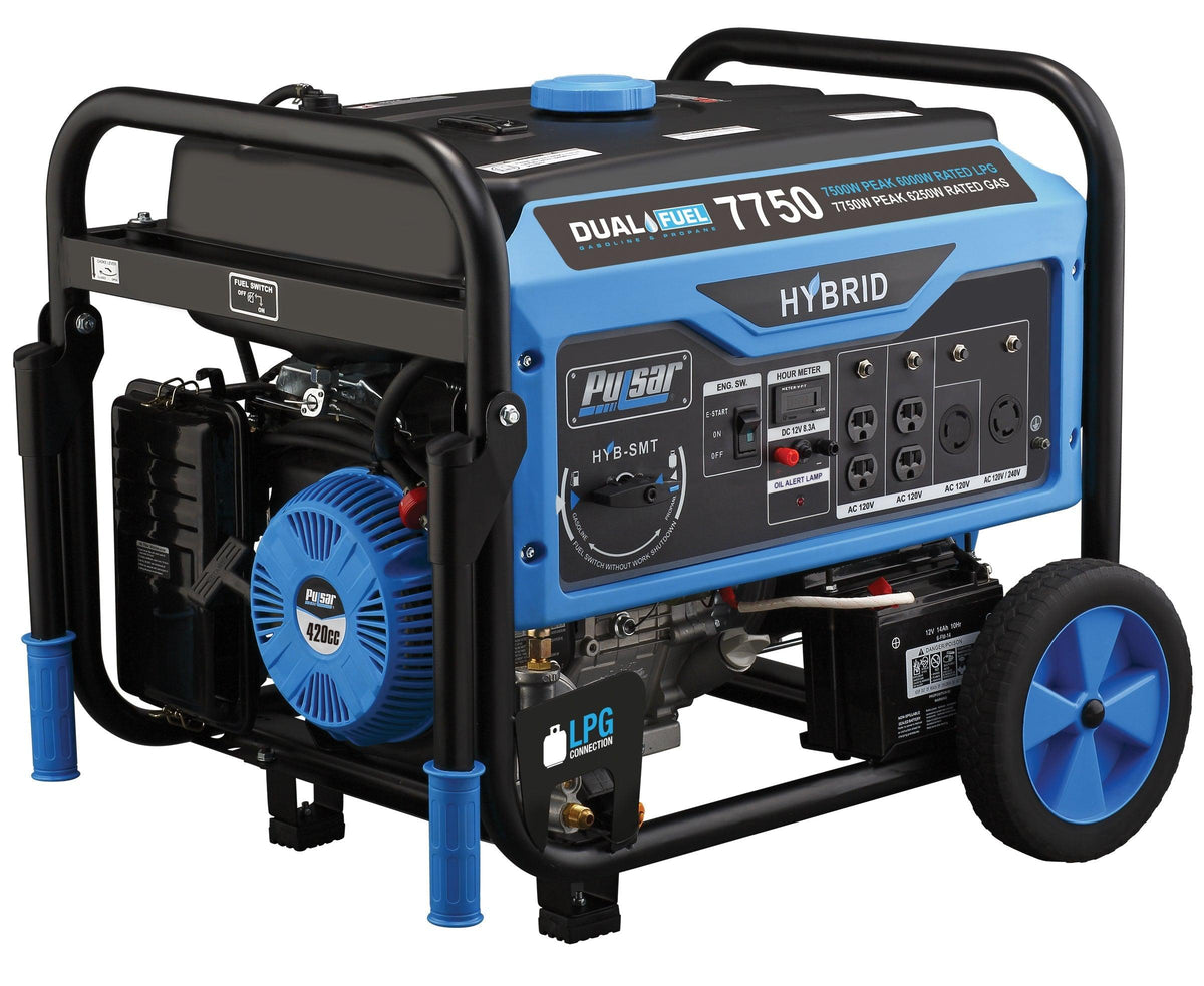 Dual fuel hybrid portable generator with outlets, LPG connection, blue and black casing