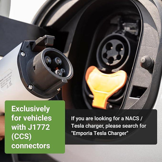 Emporia Pro EV Charger black 40A Level 2 unit with J1772 connector, NEMA 14-50 plug, 25 ft cable, and holster