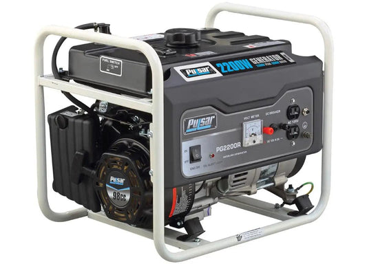 Pulsar PG2200R portable gasoline generator in black, featuring a compact design, dual 120V outlets, and a 98cc engine.