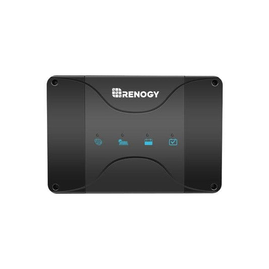 Compact black Renogy DCC30S 30A DC-DC battery charger with Bluetooth monitoring, featuring four indicator icons on the front.
