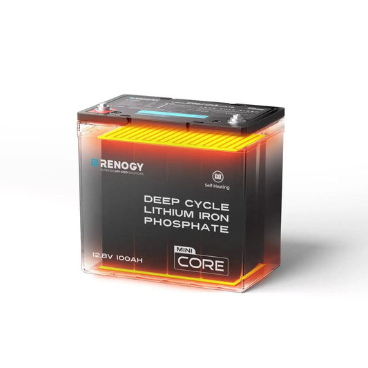 Renogy DuoHeat Tech Core Mini 12V 100Ah LiFePO4 battery with orange and black casing, featuring self-heating technology for cold weather.
