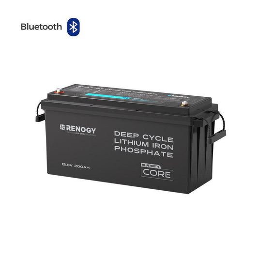 12V 200Ah lithium iron phosphate battery with Bluetooth connectivity, featuring a black casing and labeled top for monitoring.