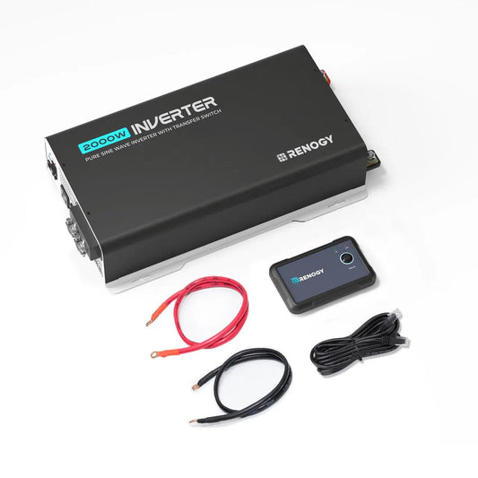 Renogy 2000W 12V Pure Sine Wave Inverter in black with a wired remote, red and black cables on a white background.