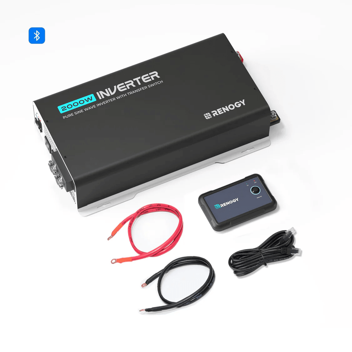 Renogy 2000W pure sine wave inverter in black with transfer switch, wired remote control, and connecting cables.
