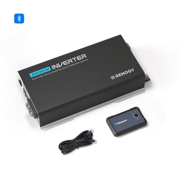 Renogy PUH 3000W inverter in black with blue lettering and a remote control; designed for powerful off-grid use.