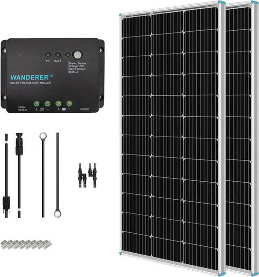 200 Watt 12 Volt Monocrystalline Solar Starter Kit w/Wanderer 30A Charge Controller