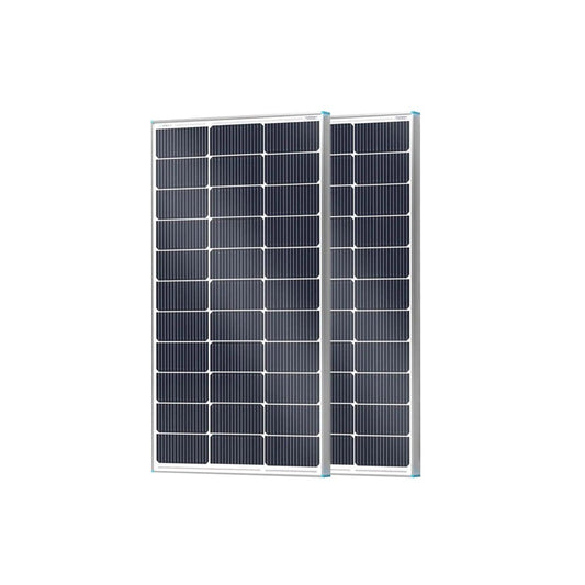 Two Renogy 100W N-Type TOPCon rigid solar panels, featuring a dark blue cell design and a durable aluminum frame.