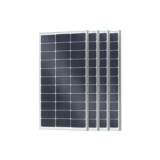 Renogy 100W N-Type TOPCon Rigid Solar Panel 4-Pack displays four dark panels with silver frames, designed for various installations.