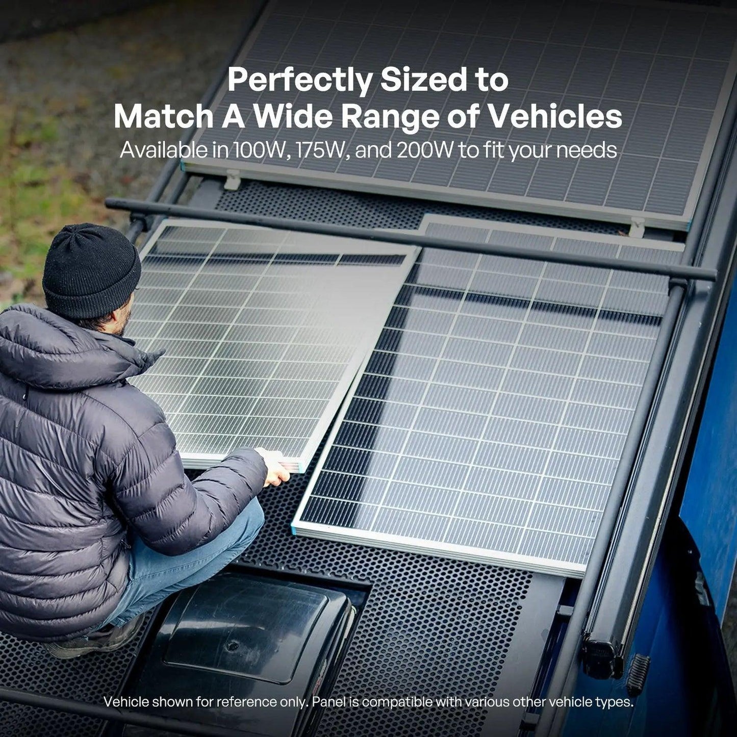 A person in a black puffer jacket installing two Renogy 100W N-Type TOPCon rigid solar panels on a vehicle roof.
