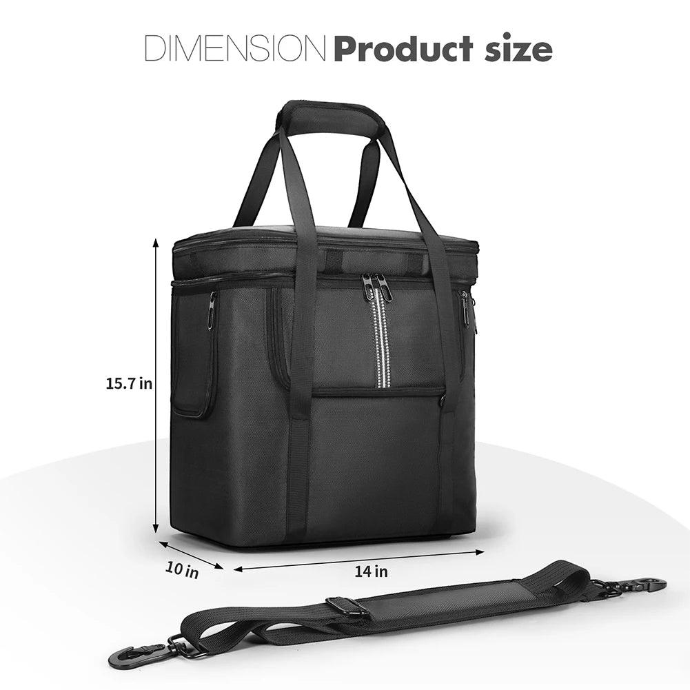 Black portable generator carrying bag with handles, zippered pockets, and detachable shoulder strap, dimensions 15.7 x 14 x 10 inches.