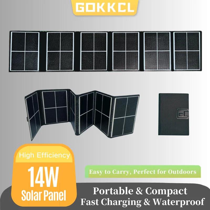 Portable 14W folding solar panel, compact, waterproof, high efficiency for outdoor use