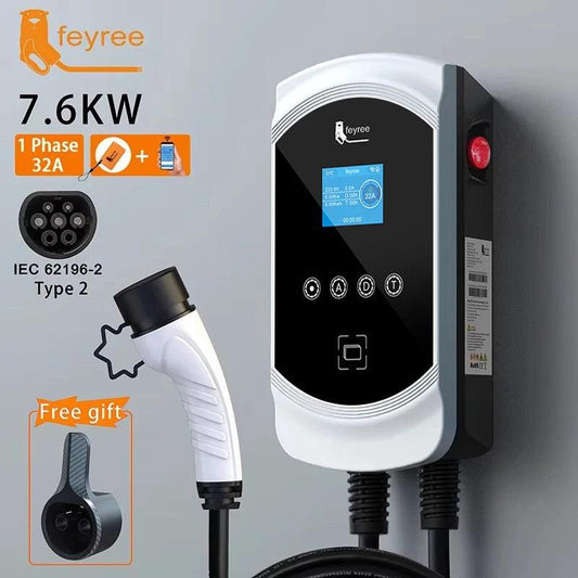feyree 32A Type 2 EV wall charger with 5m cable, 2.8-inch screen, WiFi app control, and IP65 housing