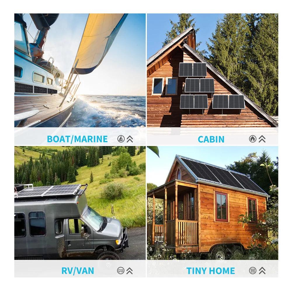 Solar panels on boat, cabin, RV, and tiny home for portable renewable energy solutions