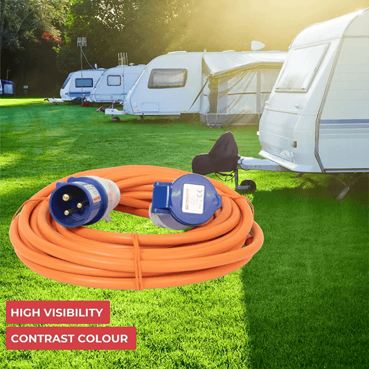 10m orange RV power extension cord, 230V 16A heavy duty hook up cable with weather-resistant connectors