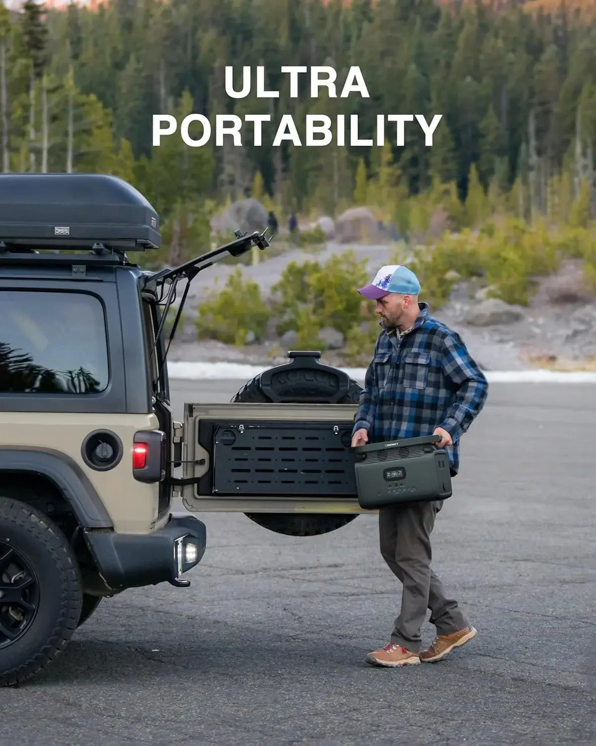 Man carrying portable SolarFlares solar generator near SUV, outdoors, showcasing ultra portability.