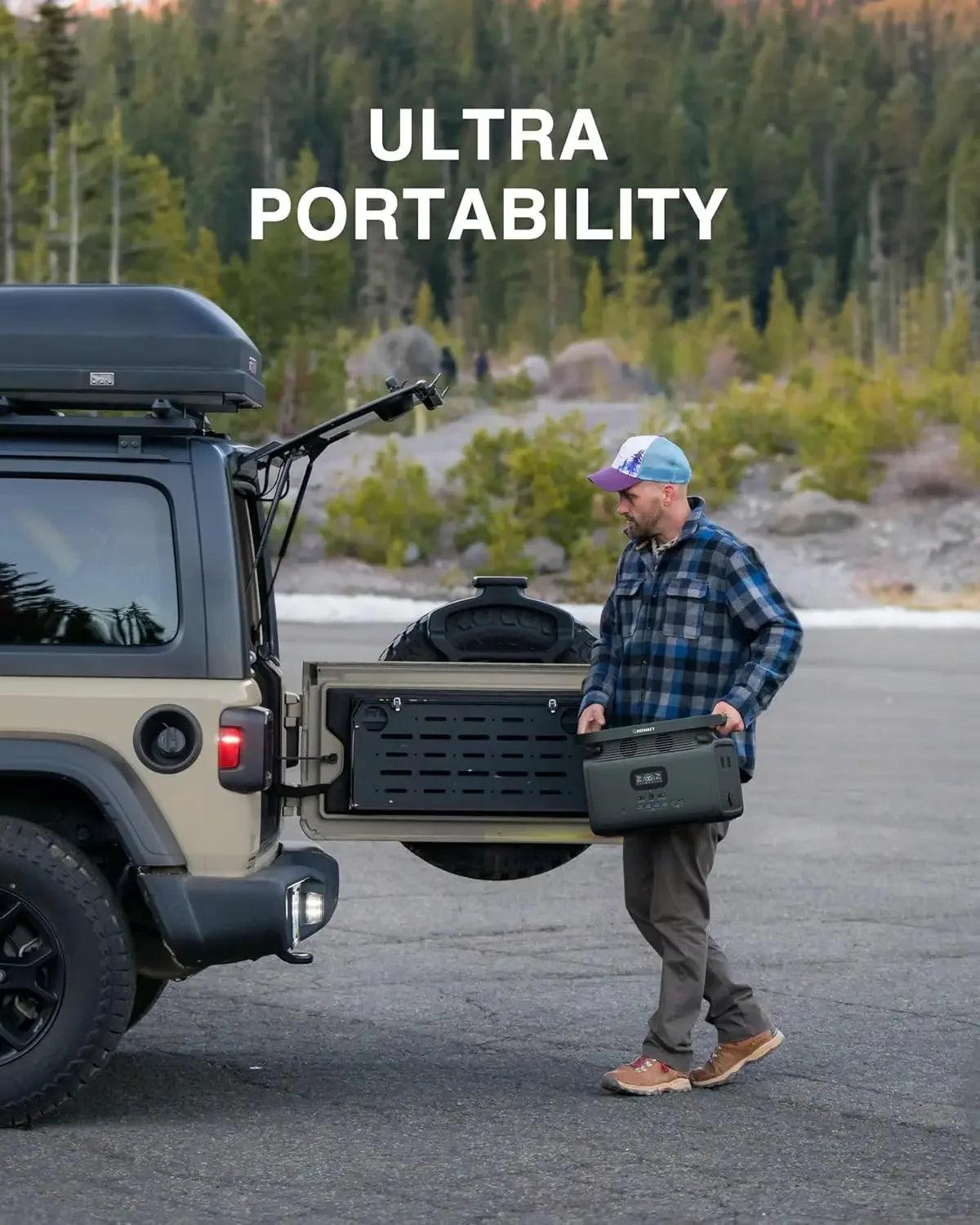 Man carrying portable SolarFlares solar generator near SUV, outdoors, showcasing ultra portability.