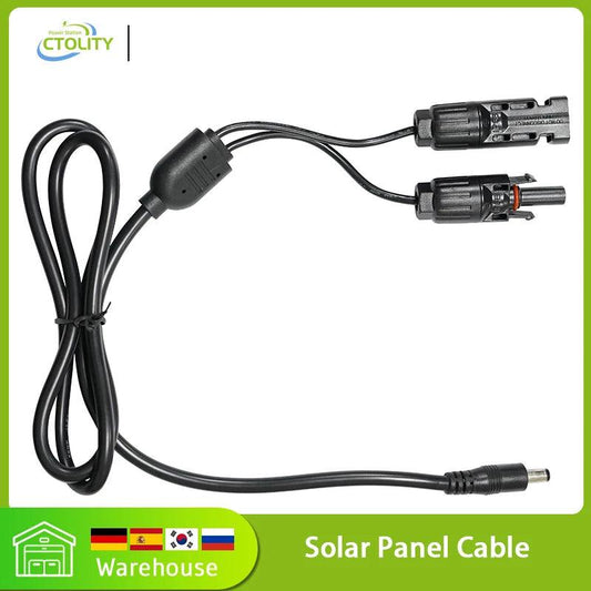Solar panel connector adapter cable features black wiring, dual solar male/female connectors, and a 5.5mm DC output.