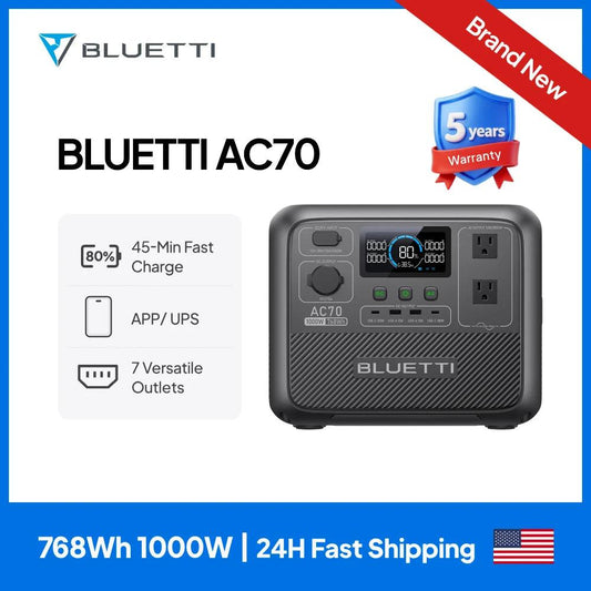 Compact BLUETTI AC70 portable power station in gray, featuring multiple outlets, LED display, and ergonomic design for easy transport.
