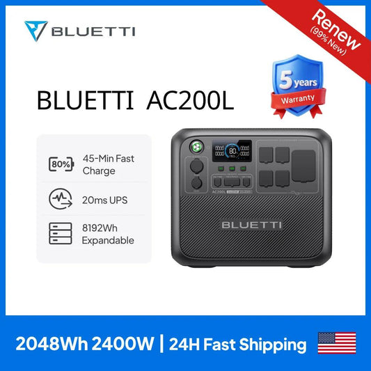 BLUETTI AC200L portable power station with a black casing, multiple ports, and LED indicators for battery status.