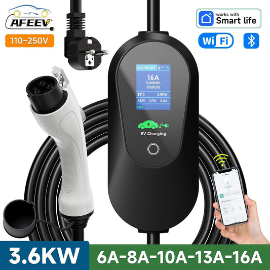 AFEEV 3.6KW portable EV charger with J1772 connector, 3.5 m cable, LCD control box, and WiFi app control