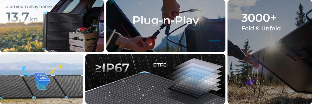 400W lightweight portable solar suitcase with a black finish and aluminum alloy frame, designed for outdoor activities.