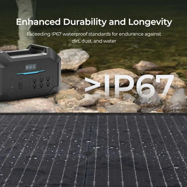 400W portable solar suitcase on a rocky surface, showcasing its durable black panel and water-resistant features.