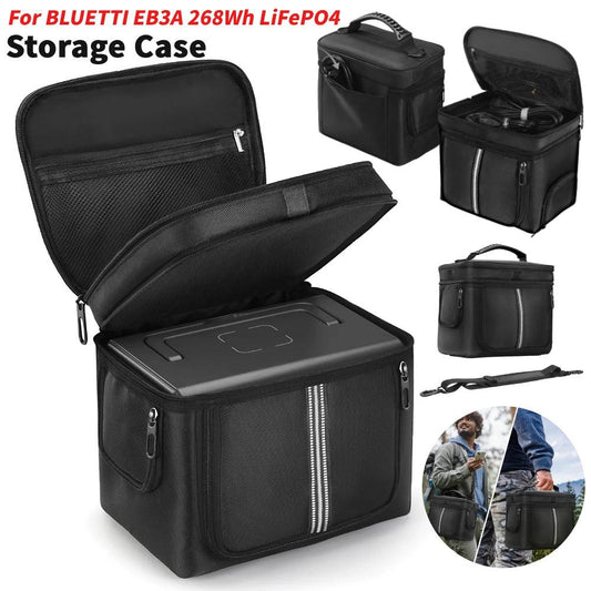 Black carrying case designed for the BLUETTI EB3A power station, featuring a waterproof exterior and adjustable handle.