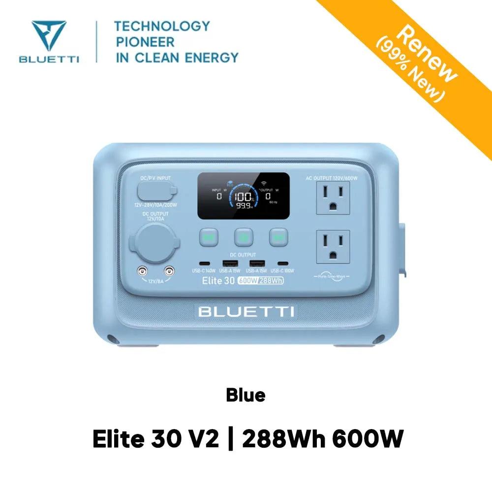 Portable power station in light blue with multiple output ports, display screen, and compact design. Model: Elite 30 V2.