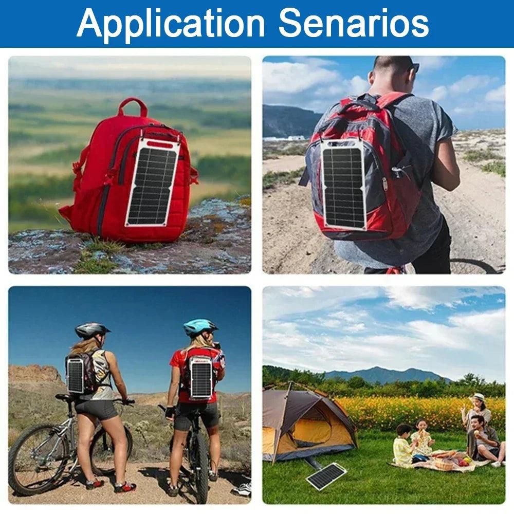 Portable solar panel on backpack for hiking, cycling, camping, and outdoor family use