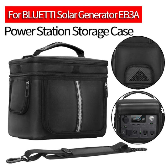 Waterproof black storage case for BLUETTI Solar Generator EB3A with a padded handle and adjustable shoulder strap.