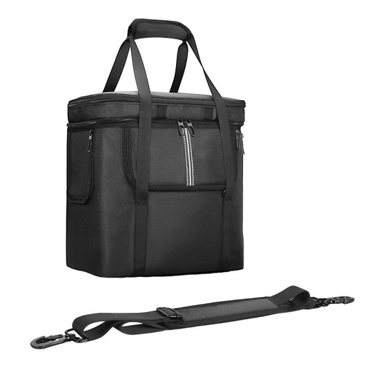 Black portable carrying case with handles, zipper pockets, and removable shoulder strap