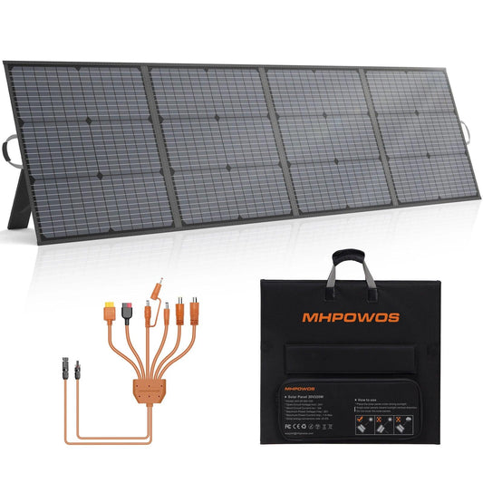 Foldable MHPOWOS 220W solar panel featuring four monocrystalline sections, IP67 waterproof rating, and a 7-in-1 charging cable.
