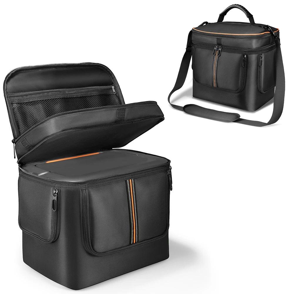 Portable black solar generator carrying case with shoulder strap and zippered pockets.