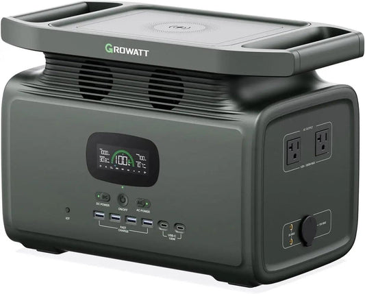 Portable Growatt solar generator with LCD display and multiple power outlets for renewable energy