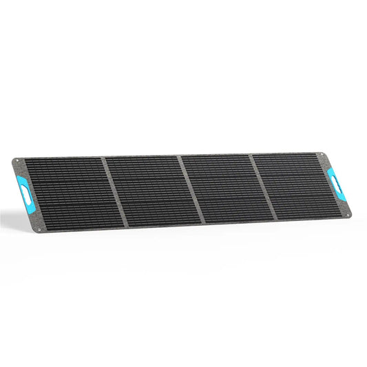 Foldable Renogy 200W solar panel with black surface, blue handle, and waterproof design, ideal for portable power solutions.