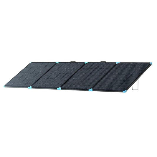 Foldable Renogy 400W portable solar suitcase in black with blue accents, featuring durable kickstands for easy setup.