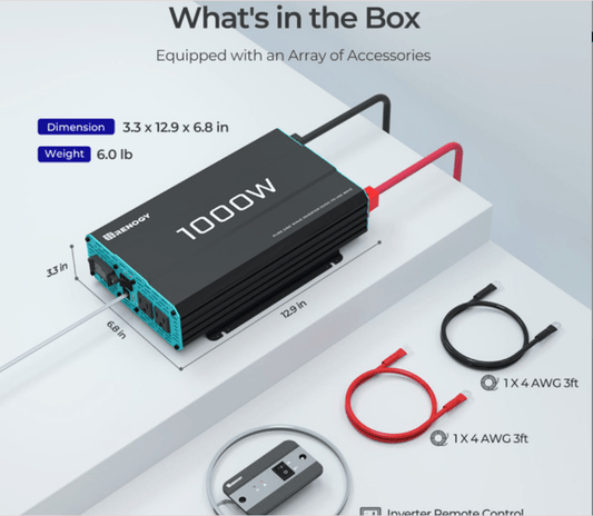 1000W solar power inverter kit with cables, remote control, dimensions and weight details