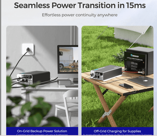 Home and outdoor setup showing portable solar generator charging devices and backup battery