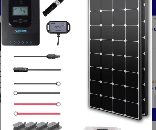 Solar panel kit with charge controller, cables, connectors, and mounting brackets from SolarFlares Generators.