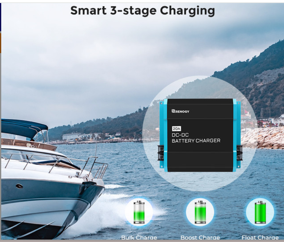 Renogy DC-DC battery charger for boats, with smart 3-stage charging, shown by the sea.