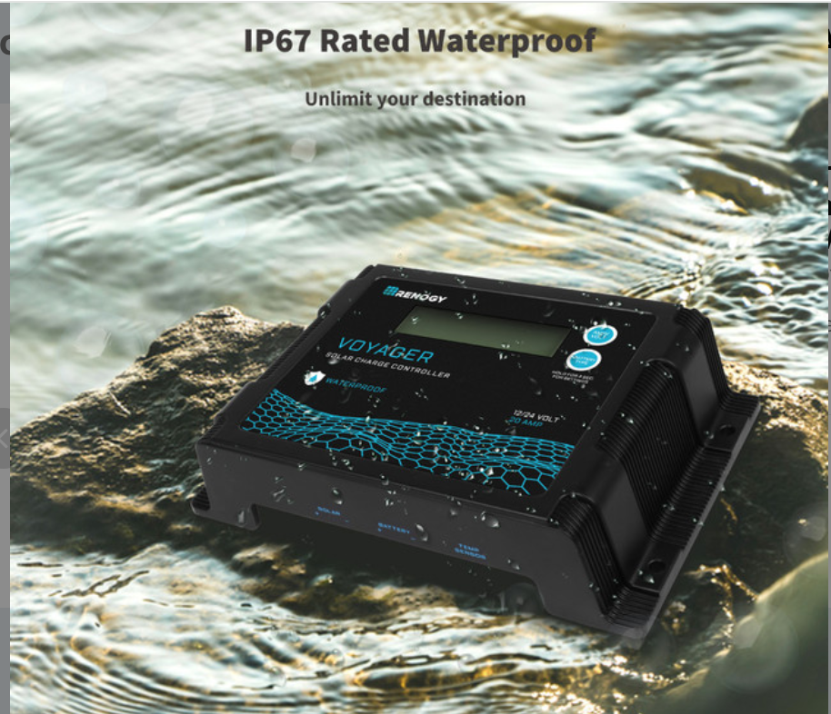Renogy Voyager solar charge controller, waterproof, on wet rock by water, renewable energy kit