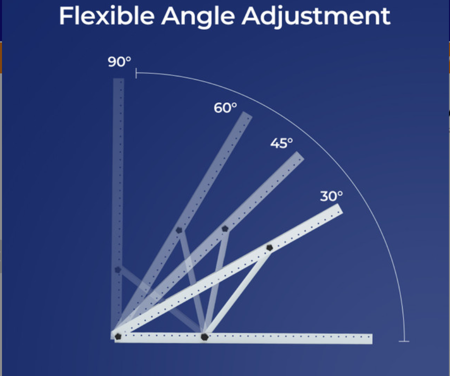 Solar panel bracket showing flexible angle adjustment from 30 to 90 degrees on blue background