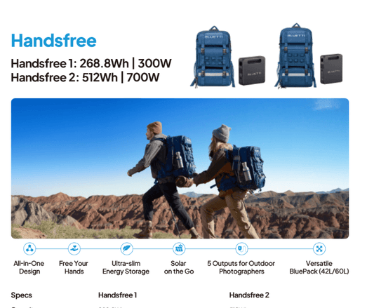 Two hikers with solar backpacks walking outdoors, showcasing SolarFlares Generators portable energy solutions.