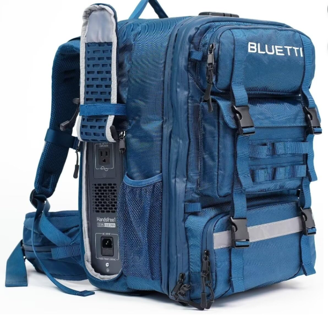 Blue portable solar generator backpack with power outlets and multiple storage pockets