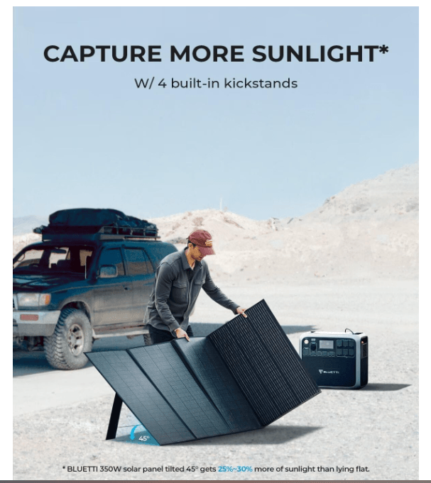 Person setting up portable solar panel kit with kickstands outdoors near SUV, desert background.