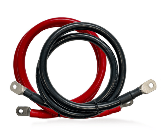 Red and black solar generator battery cables with metal ring terminals