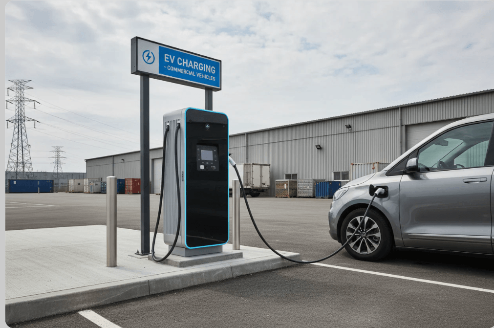 Electric vehicle charging station with an electric car plugged in, set against a clear sky.